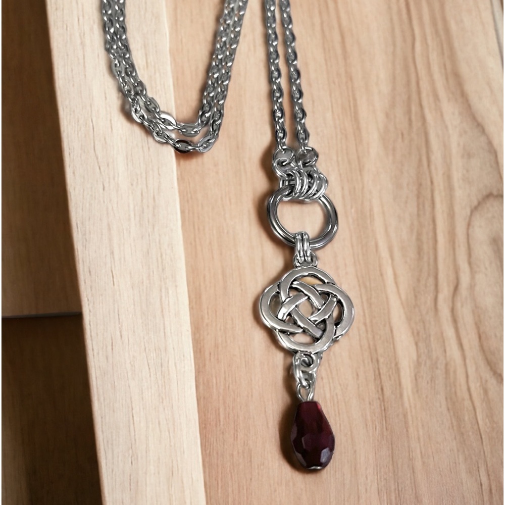 🔴Necklace stainless steel cable link chain , celtic charm & dangly red crystal - Picture 8 of 10